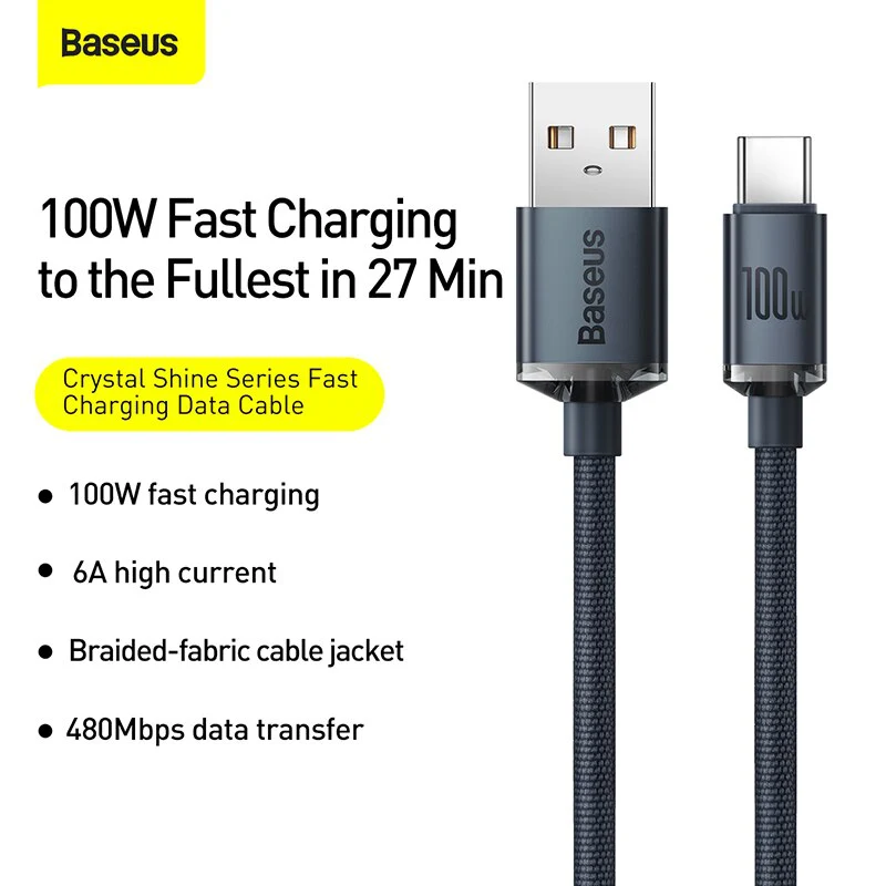 BASEUS Crystal Shine Series 100W Fast Charging Data Cable USB to Type-C -  Genius Mobile